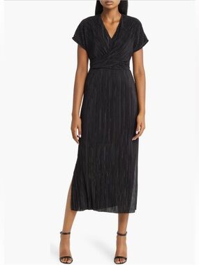 Anne Klein Twist Front Plissé Pleated Midi Dress in Black